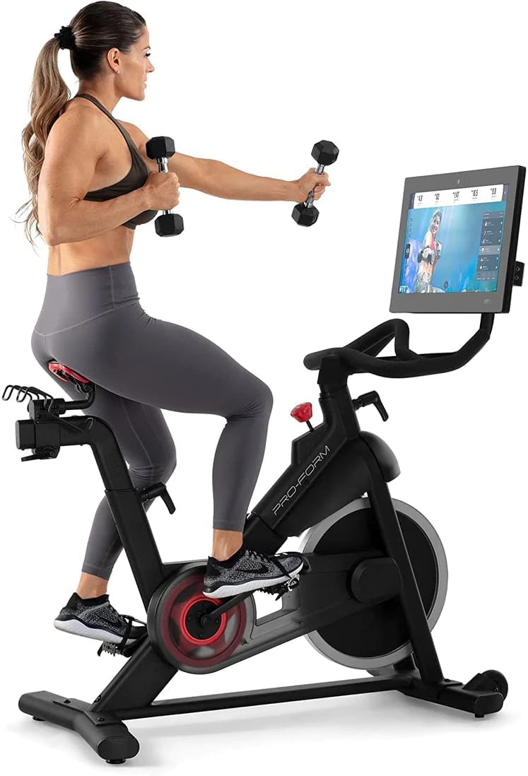 Proform Studio 22 Pro Exercise Bike with 22” HD Touchscreen and 24 resistance levels,Two 3 lb dumbbells for workout, 30 Day iFIT Membership - Black