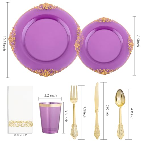 Nervure 350PCS Clear Gold Plastic Plates Dinnerware Set for 50 Guests S7668