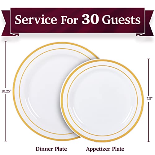 Aya's Cutlery Kingdom 100 White Plastic Plates with Gold Trim, 50 Dinner + 50 Salad Plates A6218