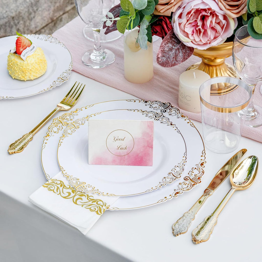 Nervure 350PCS Gold Plastic Dinnerware Set for 50 Guests O829805