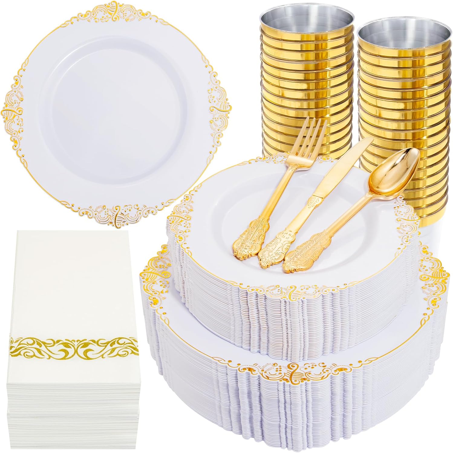 Nervure 350PCS Gold Plastic Dinnerware - White and Gold Disposable Plates for 50 Guests - 100 Gold Disposable Plates, 150 Gold Plastic Silverware, 50 Cups, 50 Napkins for Wedding & Party