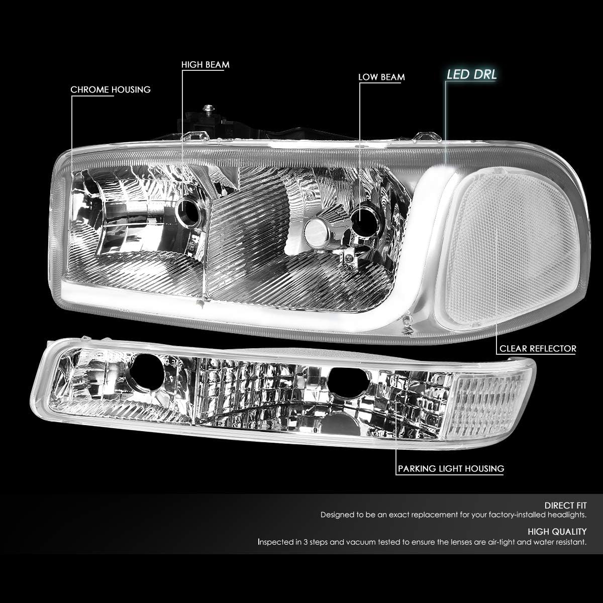 DNA Motoring HL-LB-SIERRA99-CH-CL1 LED DRL Headlight & Bumper Lamp for GMC Sierra/Yukon P14165
