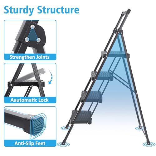 KINGRACK 5 Step Ladder with Tool Platform, Folding Steel with Handrail N1694