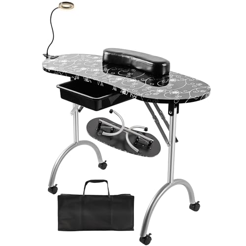Portable Manicure Nail Table, Foldable Manicure Table with Drawer, LED Lamp, 4 Lockable Wheels and Carry Bag, Professional Nail Desk with Wrist Cushion (Pink,30" H)