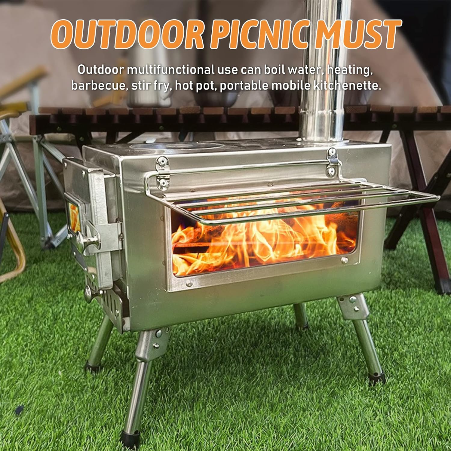Stainless Steel Camping Wood Stove with Chimney Pipes & Gloves O728