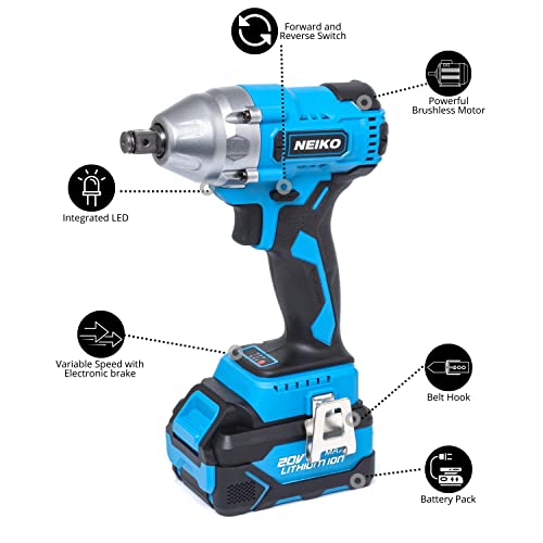 Neiko 10878A 1/2-Inch Drive Cordless Impact Wrench Kit with Battery and Sockets F40642