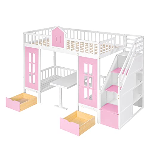 Twin Castle Style Bunk Bed with Slide, Twin-Over-Twin, Solid Wood, Pink M891224