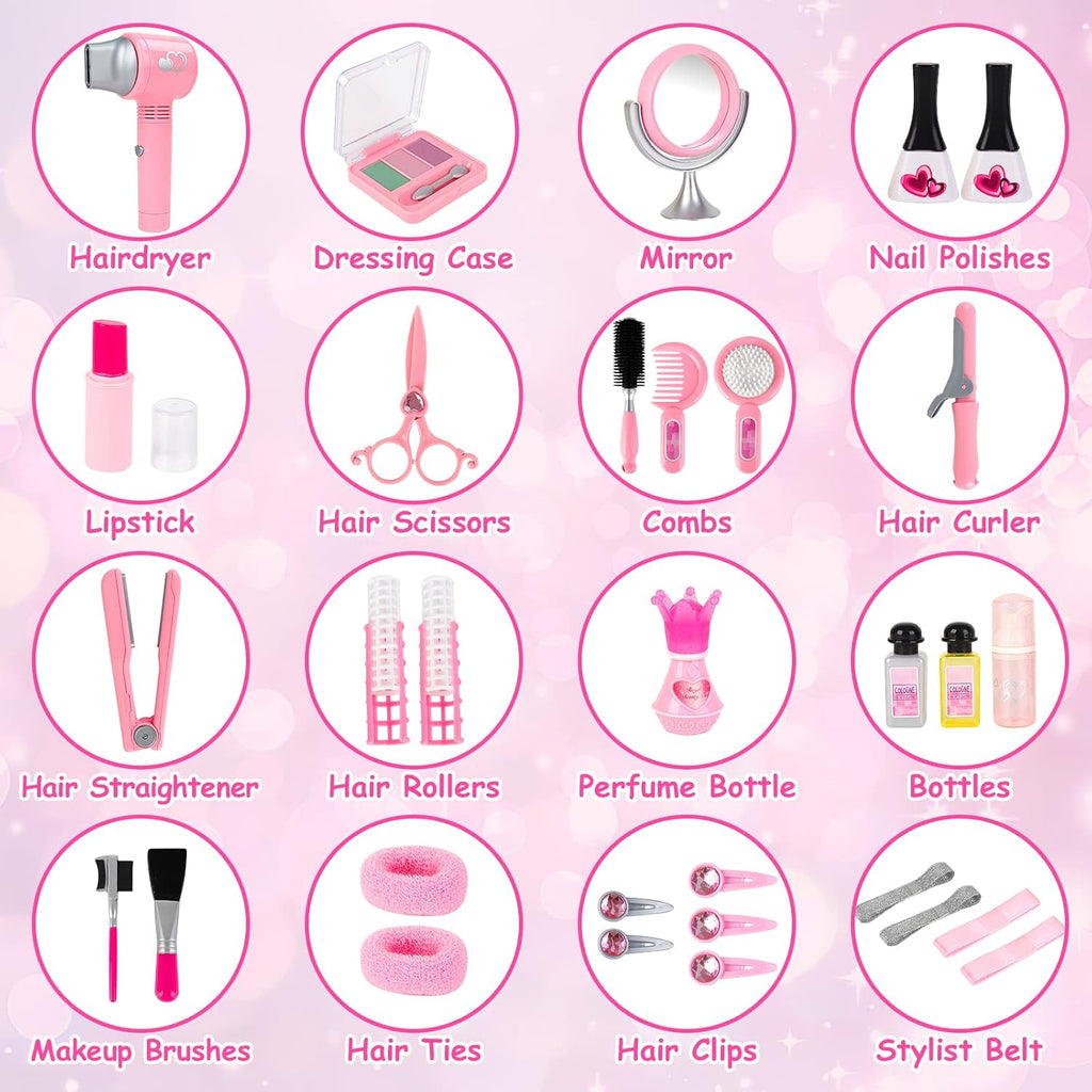 deAO Girls Beauty Salon Set 35pcs Kids Pretend Play Makeup with Hairdryer, Mirror, Curling Iron Q956