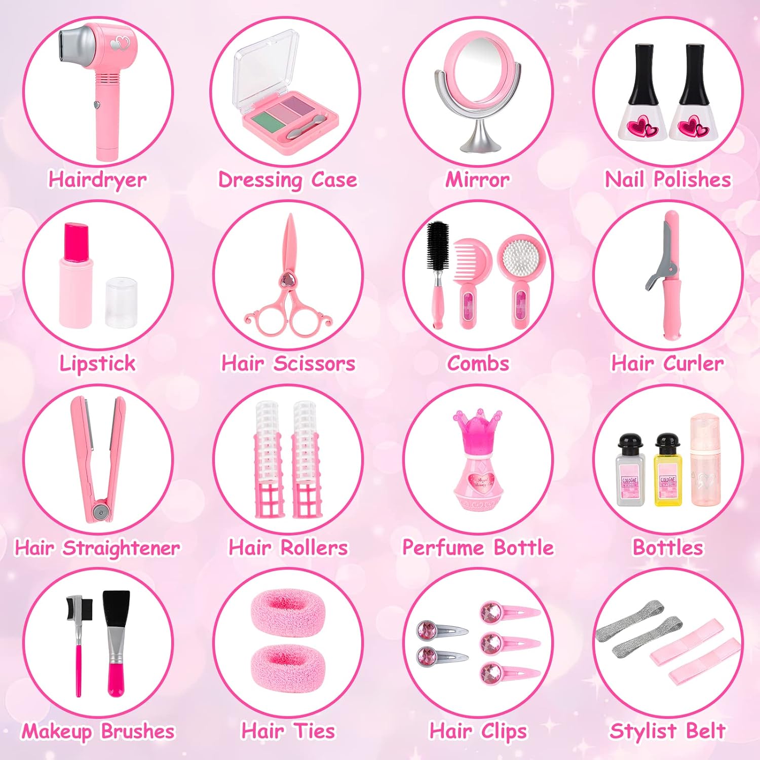deAO Girls Beauty Salon Set 35pcs Kids Pretend Play Makeup with Hairdryer, Mirror, Curling Iron Q956