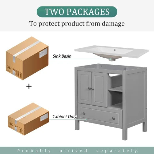 30" Bathroom Vanity with Ceramic Sink, Solid Wood Frame, Grey S256957