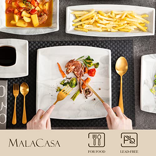 MALACASA 30-Piece Porcelain Dinnerware Set for 6, Ivory White Square Plates and Bowls M7488