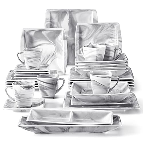 MALACASA Dinnerware Sets, 30 Piece Ivory White Plates and Bowls Sets for 6, Porcelain Square Dinnerware Set with Dinner Plate Set, Soup Bowl, Cup and Saucer, Kitchen Dish Set, Series Elvira