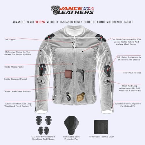 Vance Leather Men's Reflective Mesh Motorcycle Jacket with CE Armor H421370