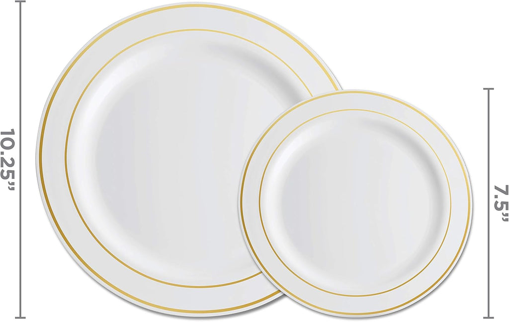 Munfix 100 Piece Plastic Party Plates White Gold Rim, 10.25 Inch Dinner and 7.5 Inch Dessert Plates G138110