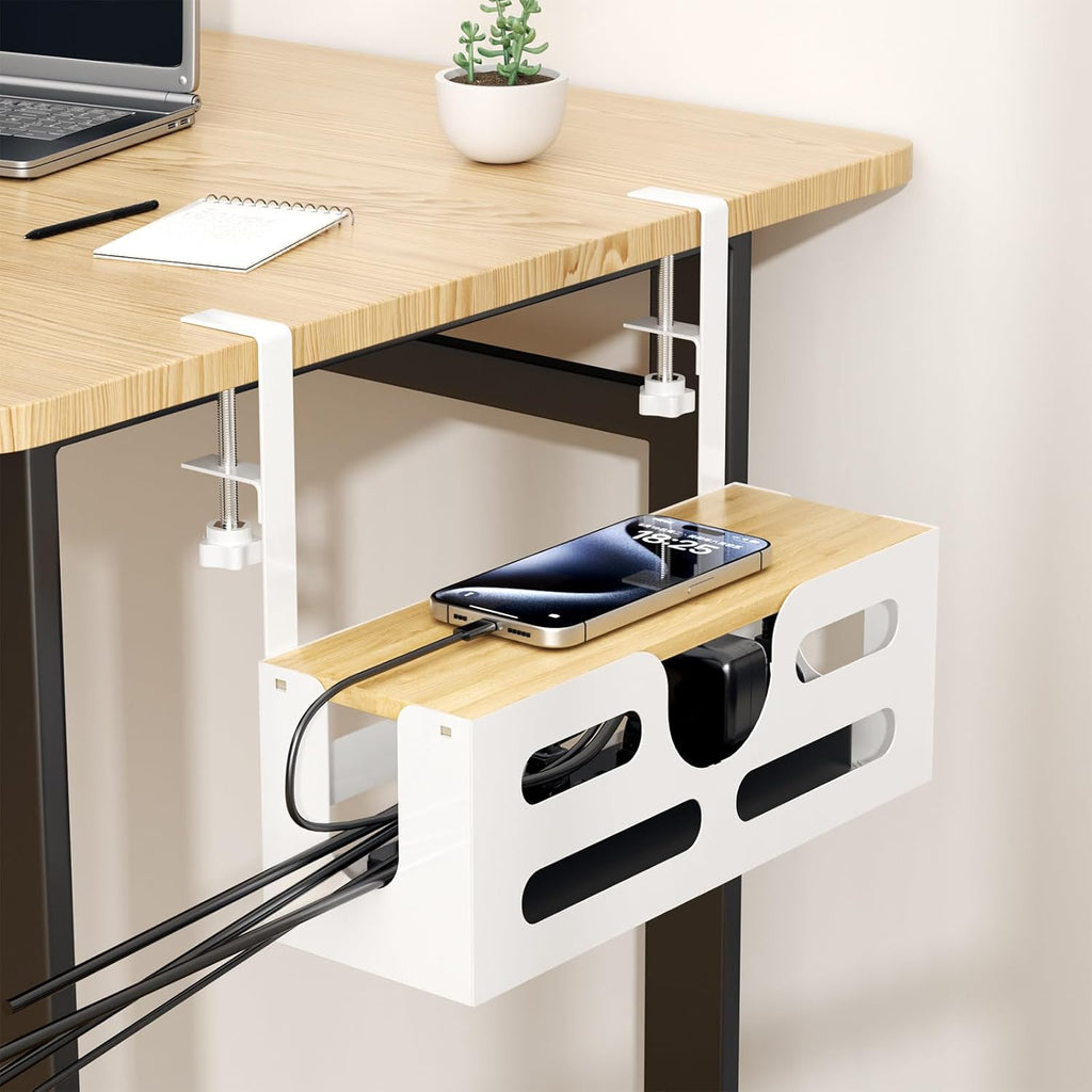 Under Desk Cable Management Box with Lid, White, Adjustable Clamps A14647