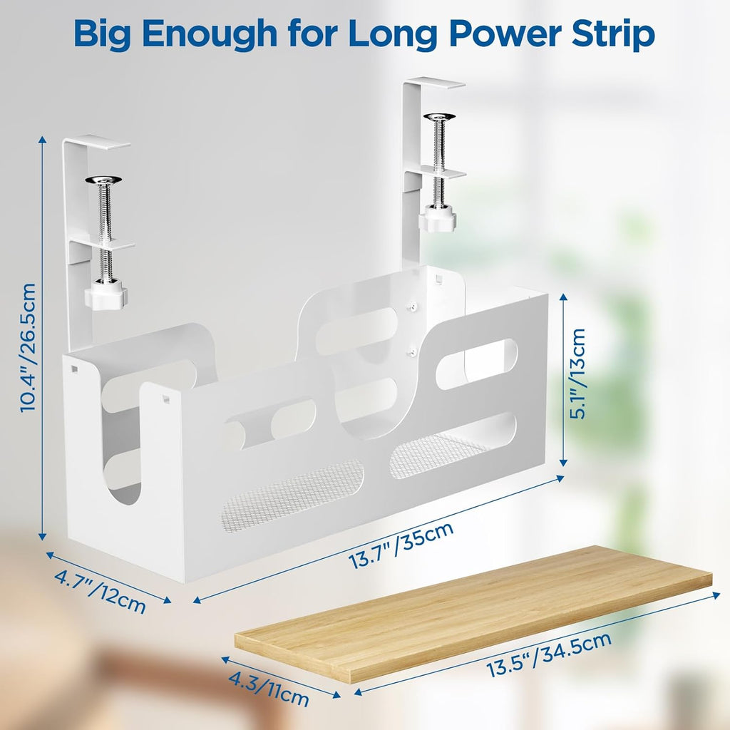 Under Desk Cable Management Box with Lid, White, Adjustable Clamps A14647
