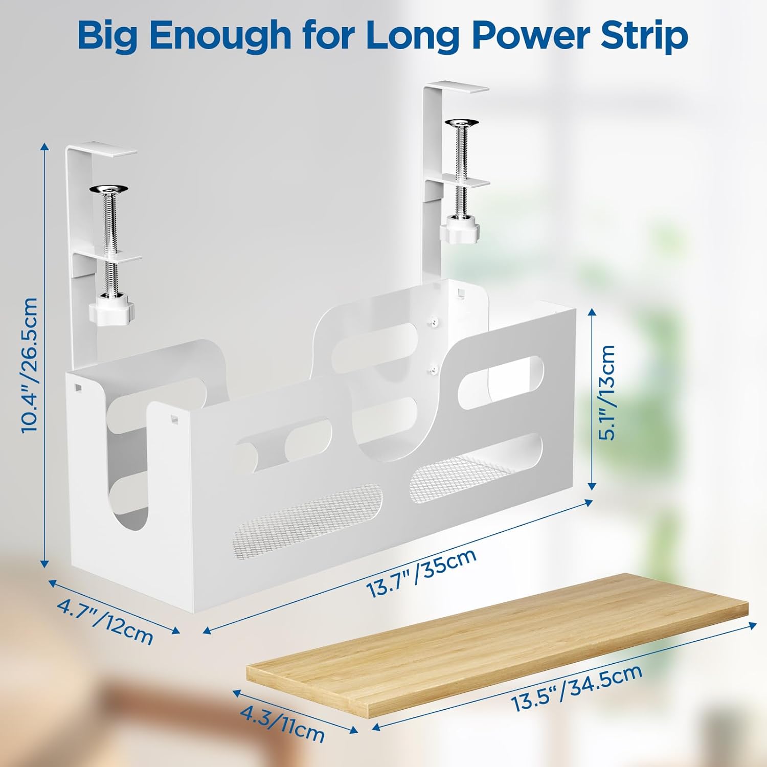 Under Desk Cable Management Box with Lid, White, Adjustable Clamps A14647