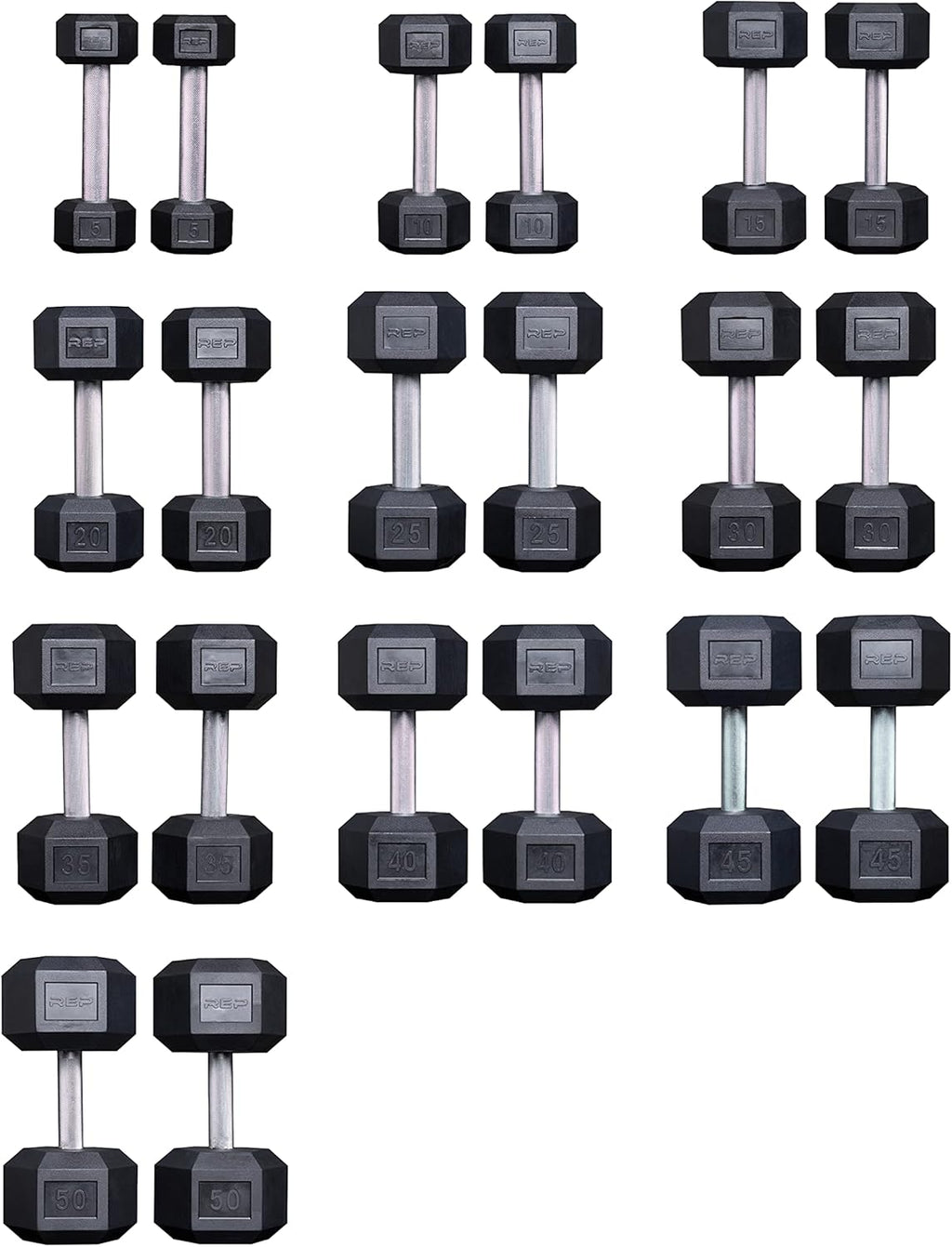 Rep 5-50 lb Rubber Hex Dumbbell Set, Low Odor