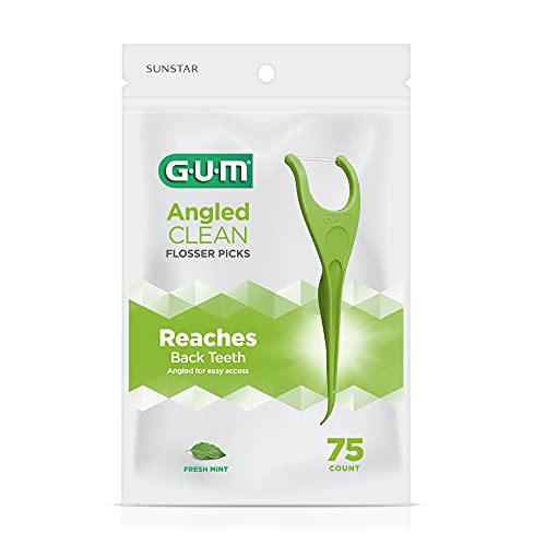 GUM Angled Floss Picks for Adults, Extra Strong Shred-Resistant, Fresh Mint, 75ct (4pk) J4399