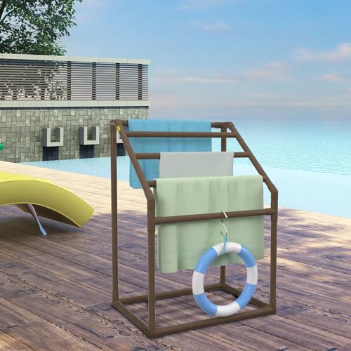 VEVOR Pool Towel Rack, 5 Bar, Brown, Freestanding Outdoor PVC, with Towel Clips and Mesh Bag X972199