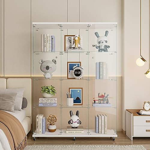 Large Glass Display Cabinet with 12 Glass Shelves and Double Doors, Modern 4-Tier Curio Cabinets with Wheels and Lock, Floor Standing Bookshelf Display Case, Black