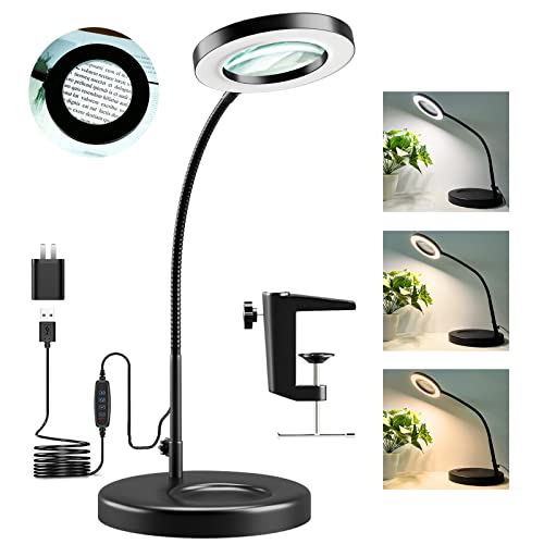 HITTI 10X Magnifying Glass with Light and Stand, 2- in- 1 Flexible Gooseneck Magnifying Desk Lamp & Clamp, 3 Modes Dimmable Hands Free LED Lighted Magnifier for Close Workbench Crafts - White