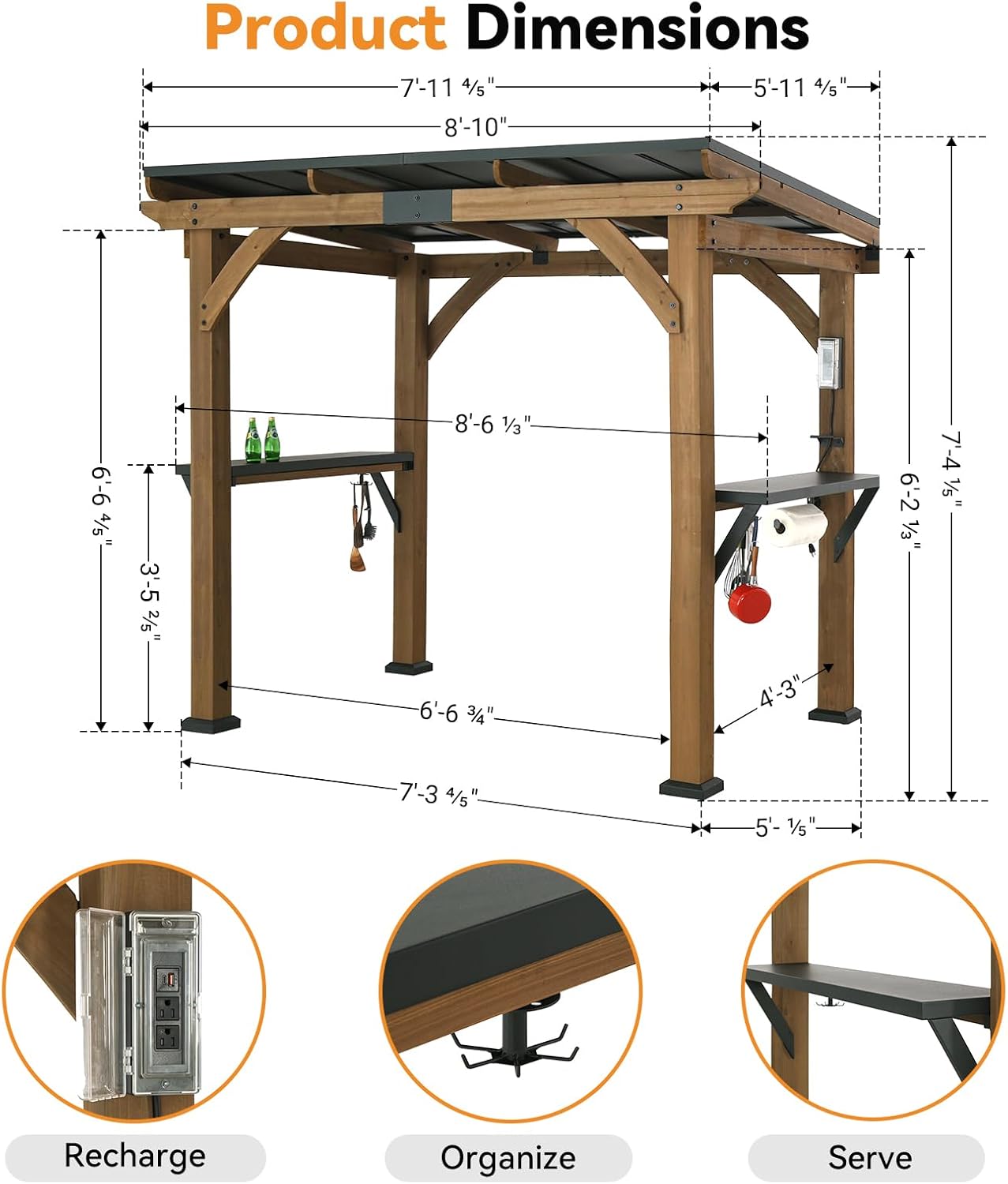 Modern Shade Grill Gazebo 6' x 8' with Cedar Wood Frame and Steel Roof D8535