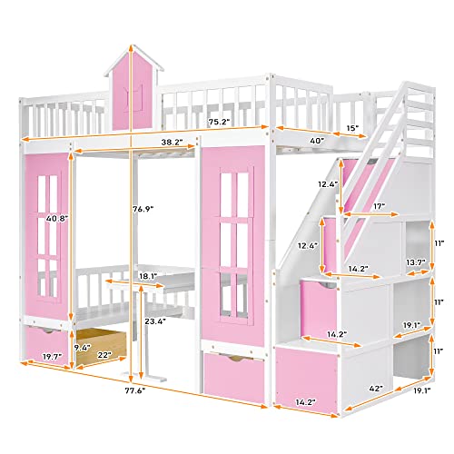 Twin Castle Style Bunk Bed with Slide, Twin-Over-Twin, Solid Wood, Pink M891224