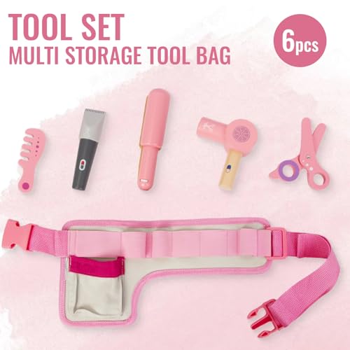 Wooden Hair Salon Toys for Girls Pretend Play Set with Blow Dryer and Styling Accessories Q445