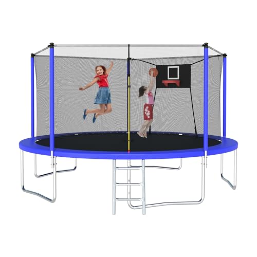12FT 14FT 15FT 16FT Trampoline for Adults & Kids with Basketball Hoop, Outdoor Trampolines with Ladder and Safety Enclosure Net for Kids and Adults