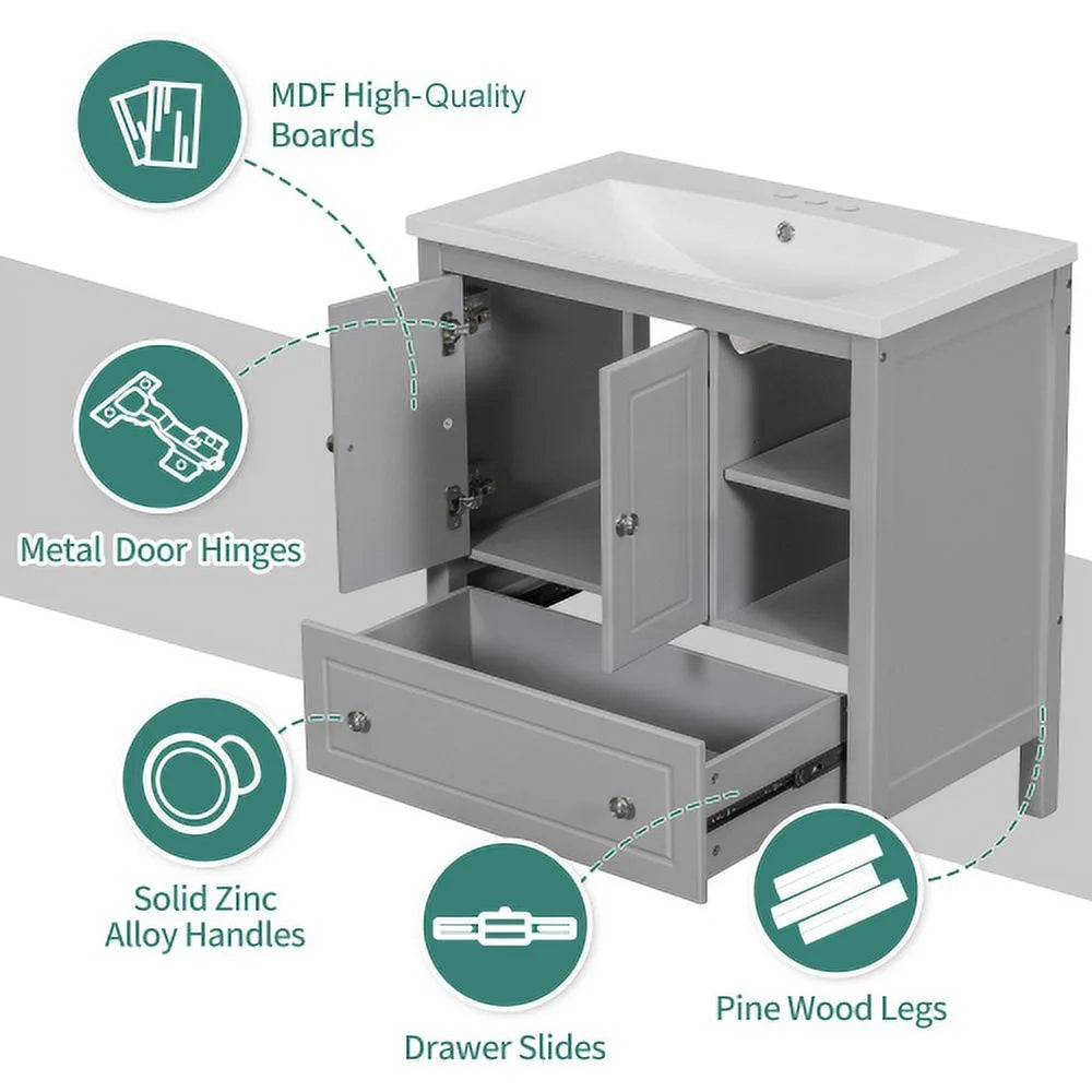 30" Bathroom Vanity with Ceramic Sink, Solid Wood Frame, Grey S256957