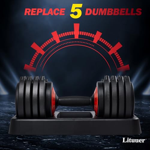Adjustable Dumbbell Set with Tray, 25/55 Lbs Pair, Black Grip Handle H25626