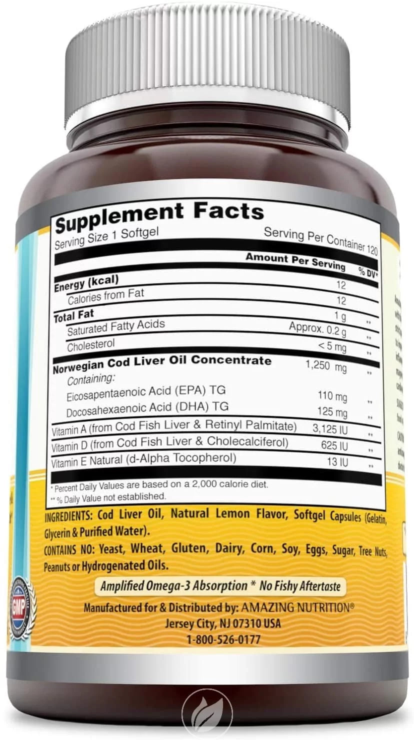 Amazing Nutrition Norwegian Cod Liver Oil 1250mg Lemon 120 Softgels O26365