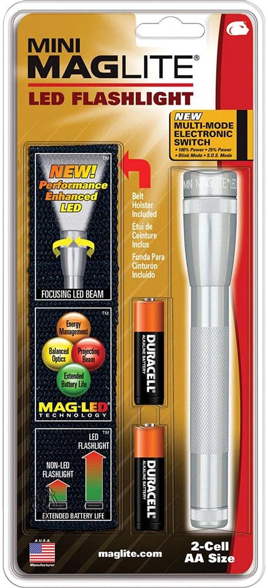 Maglite Mini LED 2-Cell AA Flashlight with Holster, Silver