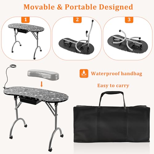 Portable Manicure Nail Table with Drawer, LED Lamp, Lockable Wheels, Pink I12109