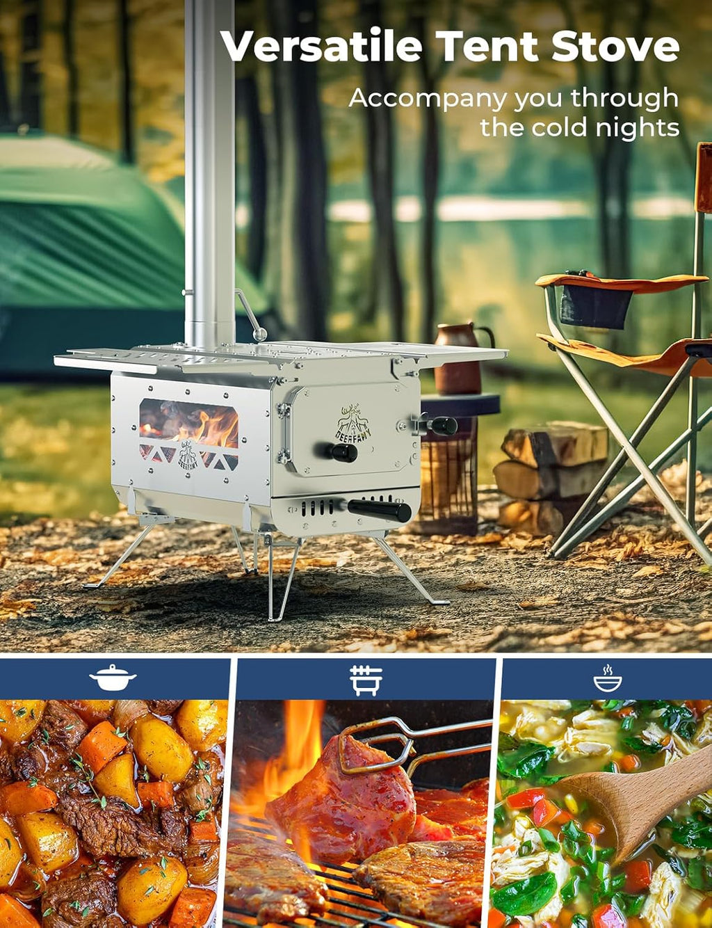 DEERFAMY Portable Stainless Steel Tent Stove with 6 Chimney Pipes M679