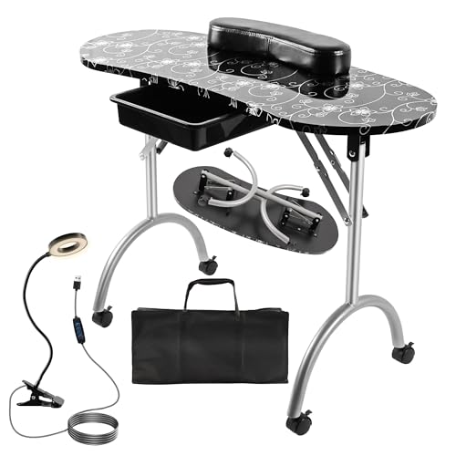 Portable Manicure Nail Table with Drawer, LED Lamp, Lockable Wheels, Pink I12109