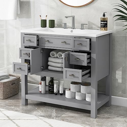 22" Small Bathroom Vanity with Sink, White Bathroom Vanity Cabinet with Ceramic Vessel Sink & Left Side Storage, Single Sink Bathroom Vanity with Top, Freestanding Bathroom Sink and Cabinet Combo Set