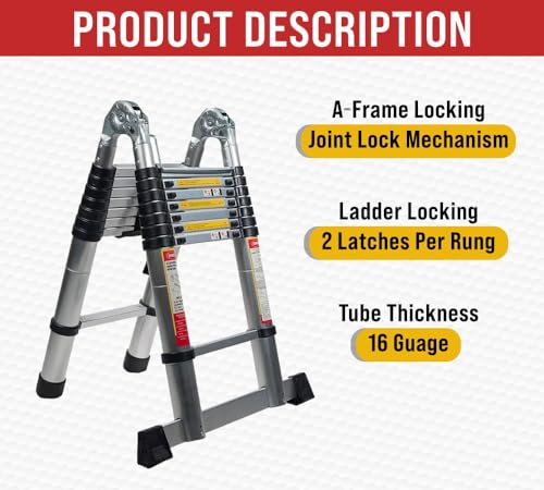 Mytee Products 16.5' Telescoping Aluminum A Frame Ladder with Carry Handle & Tool Tray W41797