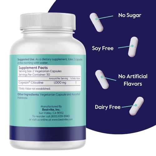BESTVITE Cognizin Citicoline 500mg, 120 Vegetarian Capsules, Vegan, Non-GMO T835