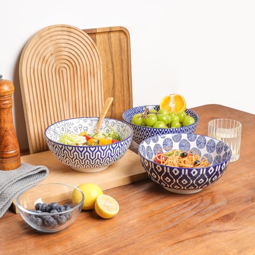 Selamica Ceramic Large Salad Bowls Set, 53 OZ, 8 Inch, Stackable, Set of 3, Vintage Blue G742