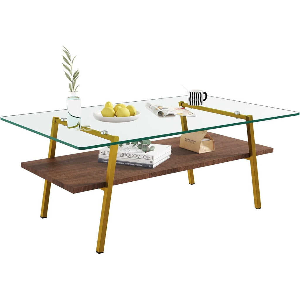 BJSN Glass Coffee Table for Living Room with Wood Shelves, Black Frame I645