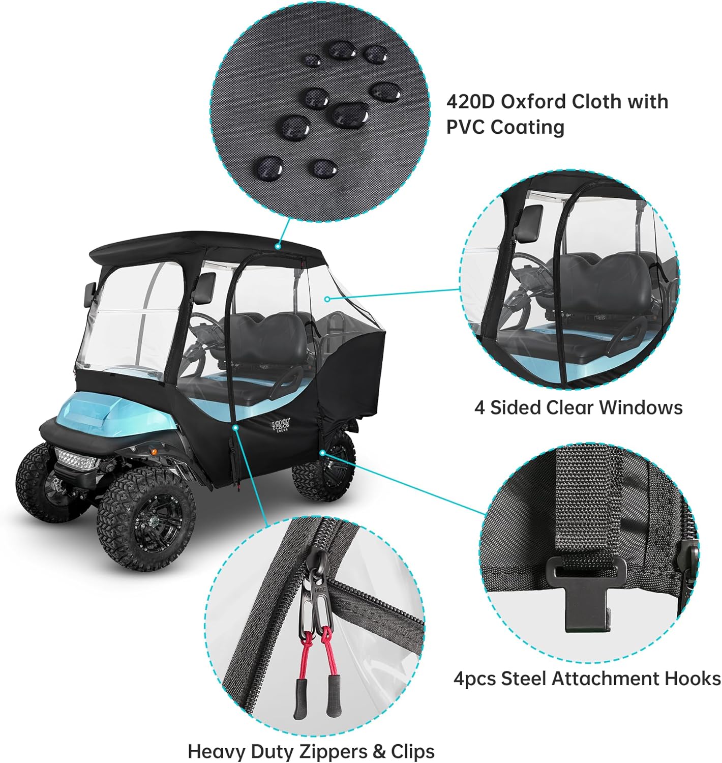 10L0L 4 Passenger Golf Cart Enclosure for Club Car Precedent Short Roof, Clear Windows, 420D Waterproof M640