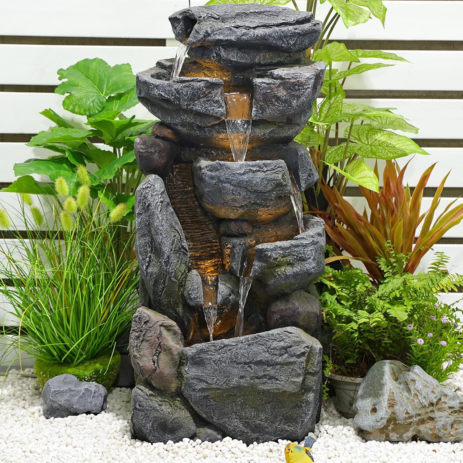 Grey 5-Tiered Rock Water Fountain Outdoor Garden with Light H5932