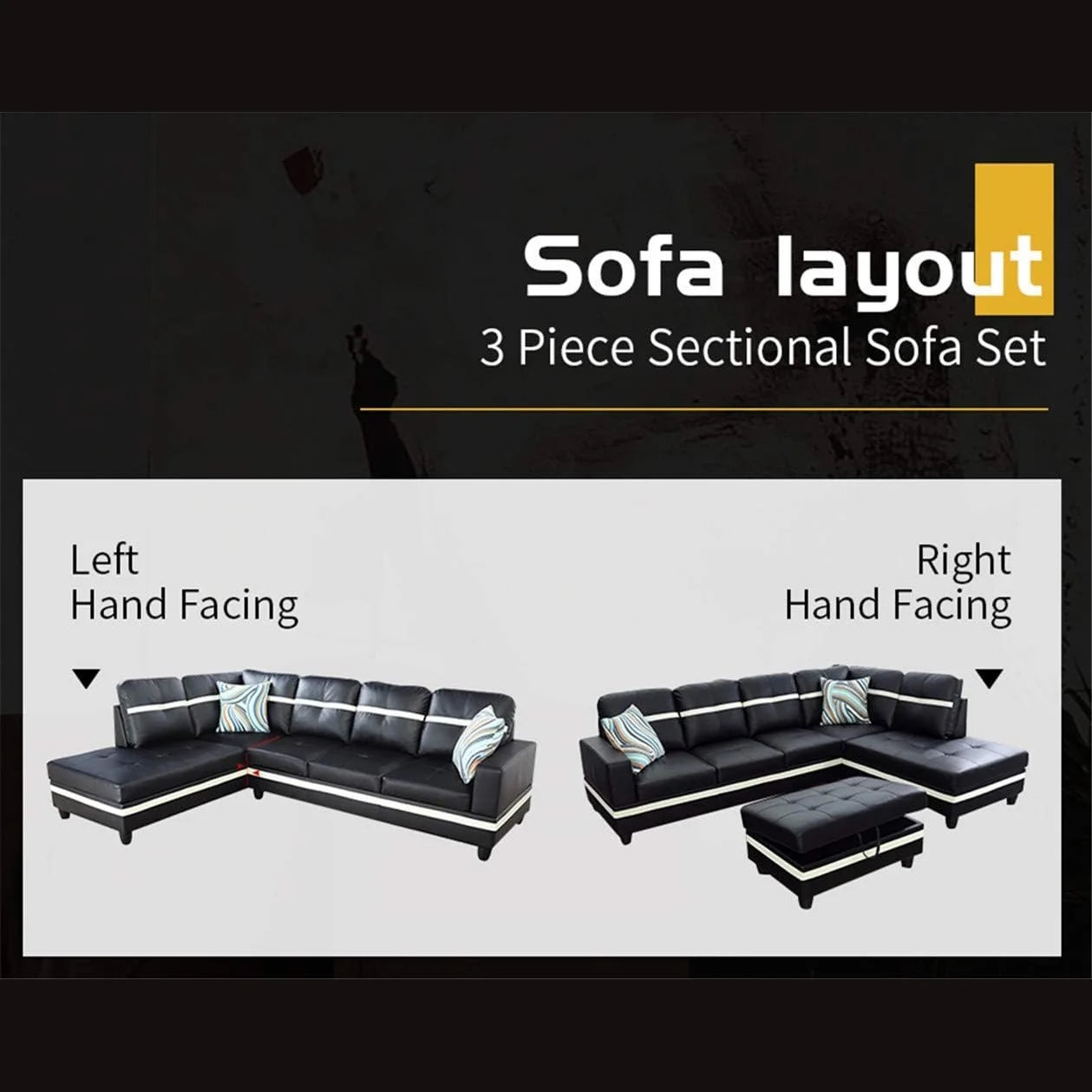 Ainehome 103.5" Leather Sectional Sofa Set, 3-Piece L-Shaped Couch with Ottoman, Black G492