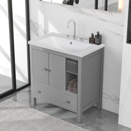 30" Bathroom Vanity with Ceramic Sink, Solid Wood Frame, Grey S256957