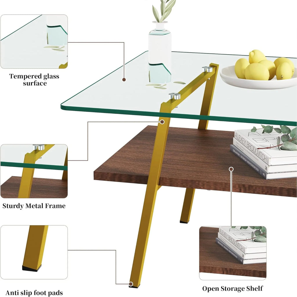 BJSN Glass Coffee Table for Living Room with Wood Shelves, Black Frame I645