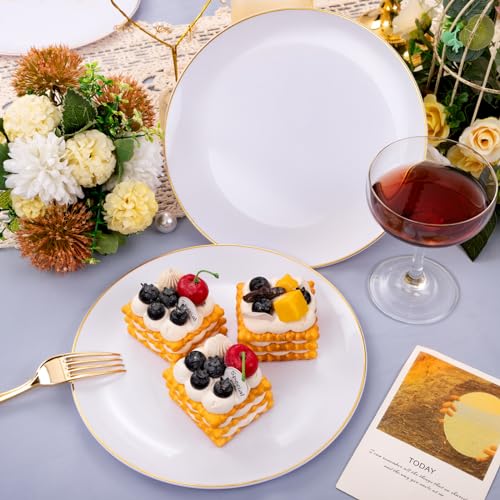50 Gold Rim Plastic Plates 9 Inch - Disposable Dinner Plates for Party W3436