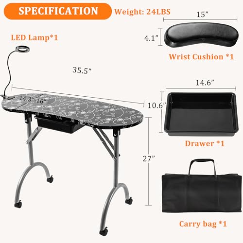 Portable Manicure Nail Table with Drawer, LED Lamp, Lockable Wheels, Pink I12109