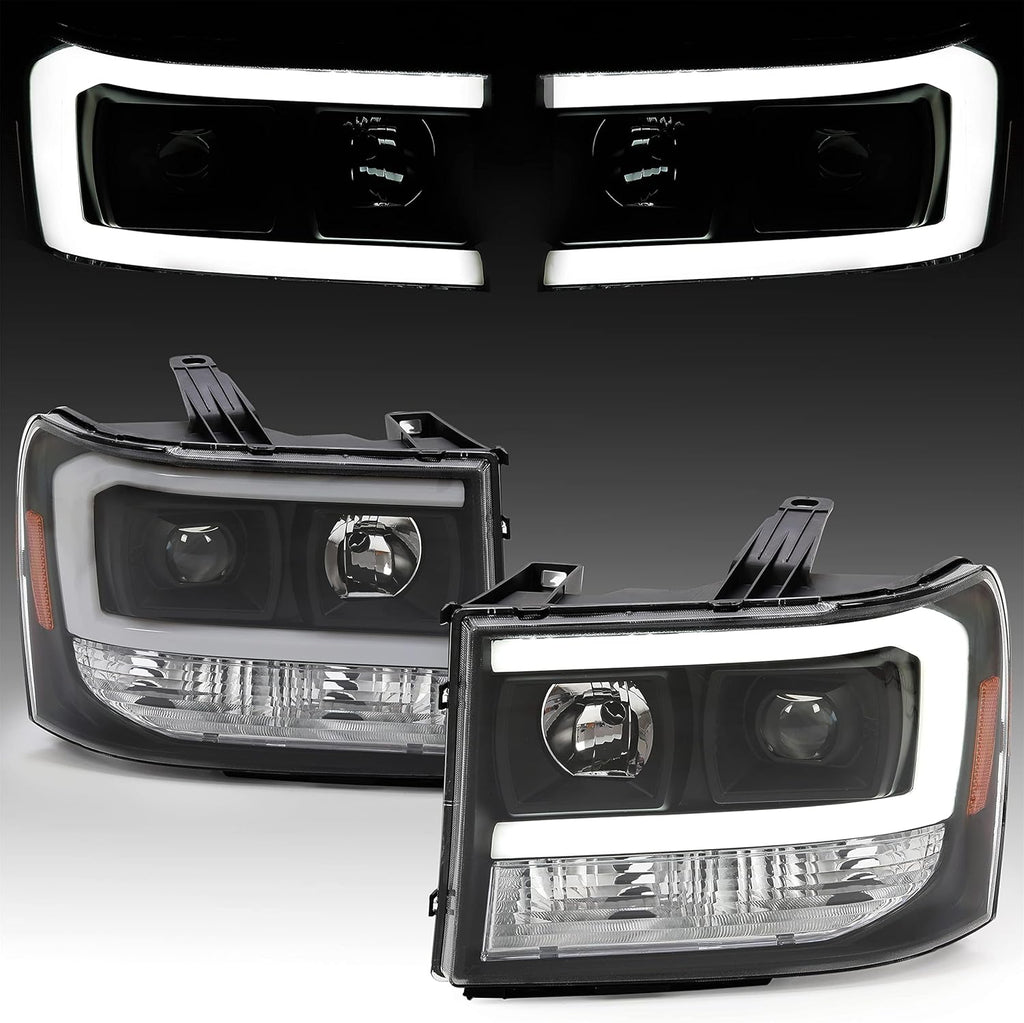 HECASA LED Projector Headlights Compatible with 2007-2014 GMC Sierra 1500 2500HD 3500HD LED Tube Bar Replacement for GM2502283 GM2503283 Headlamps Assembly Clear Lens Black Housing